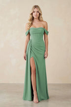 Off-the-Shoulder Corset Sheath Chiffon Bridesmaid Dress in Sea Glass - Curvevia