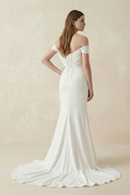 Off-the-shoulder Elegant Mermaid Satin Wedding Dress With Tiers And V-back - Curvevia