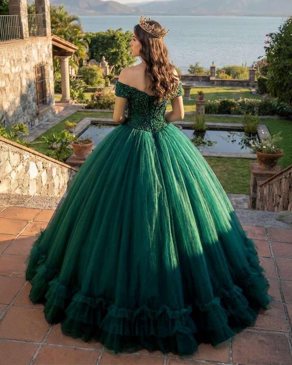 Off The Shoulder Green Ball Gown Quinceanera Dresses with Train - Curvevia