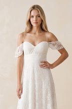 Off-the-Shoulder Lace A-Line Appliqued Wedding Dress in White - Curvevia