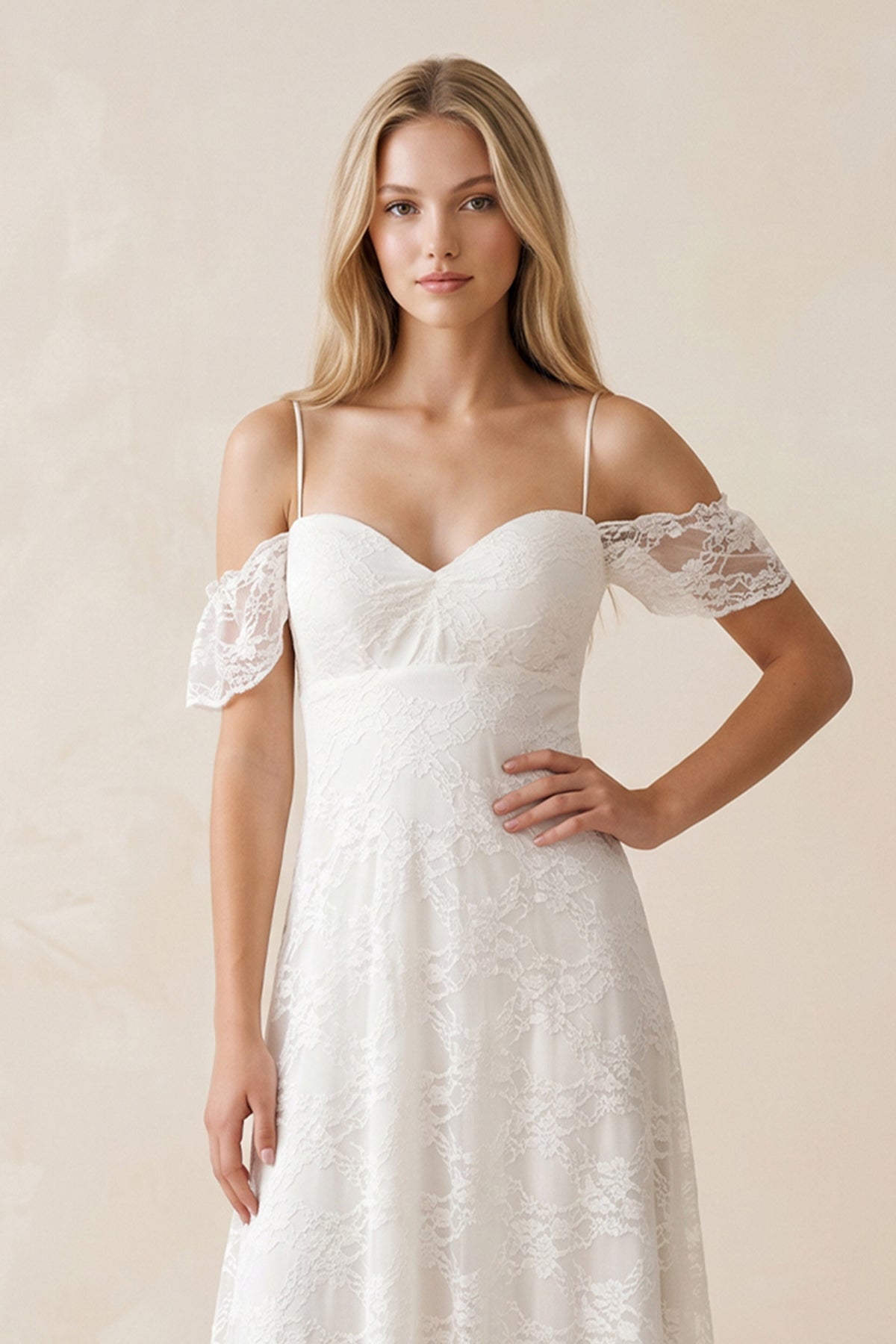 Off-the-Shoulder Lace A-Line Appliqued Wedding Dress in White - Curvevia