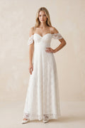 Off-the-Shoulder Lace A-Line Appliqued Wedding Dress in White - Curvevia