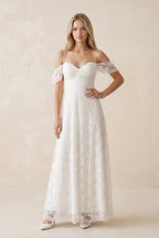 Off-the-Shoulder Lace A-Line Appliqued Wedding Dress in White - Curvevia