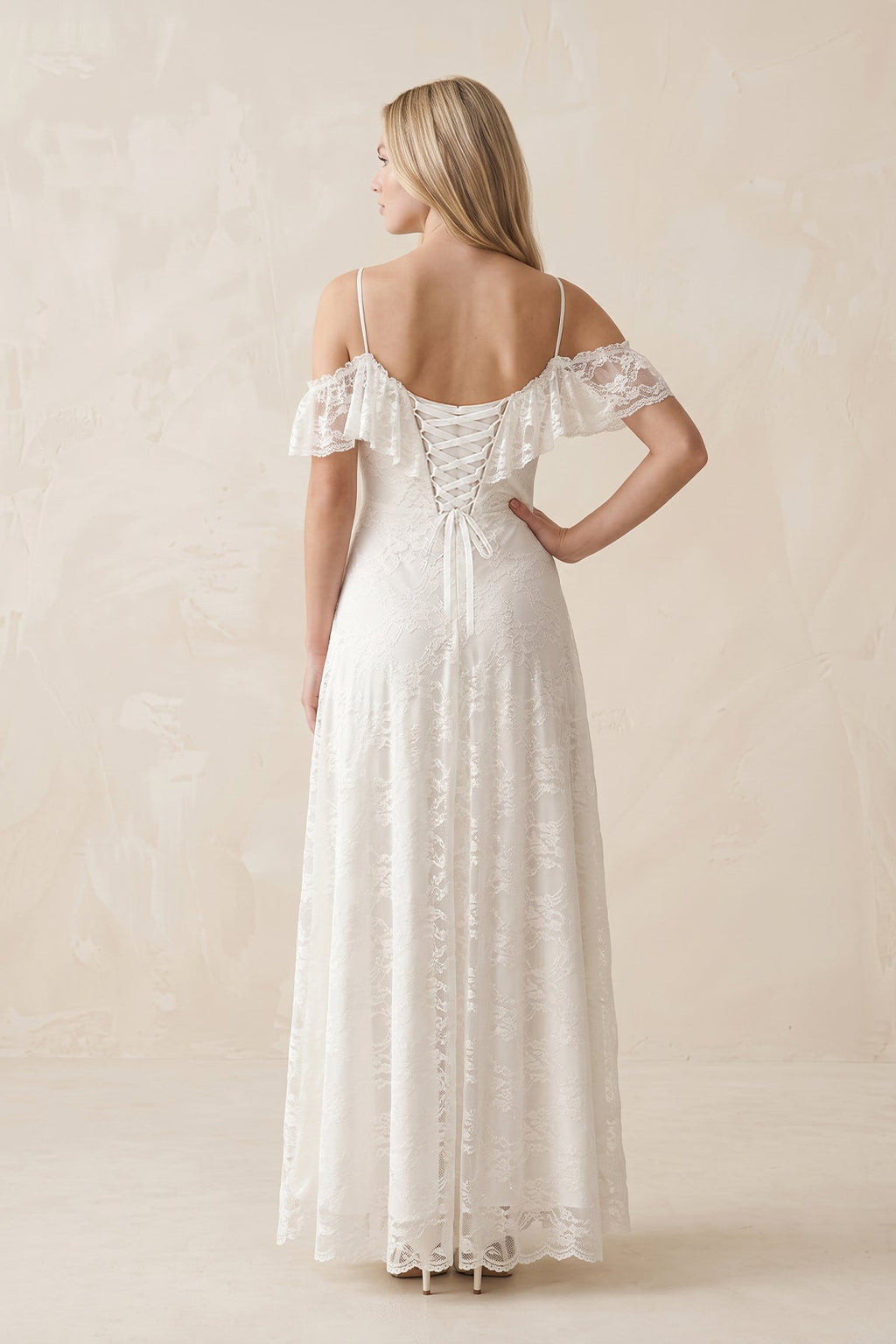 Off-the-Shoulder Lace A-Line Appliqued Wedding Dress in White - Curvevia