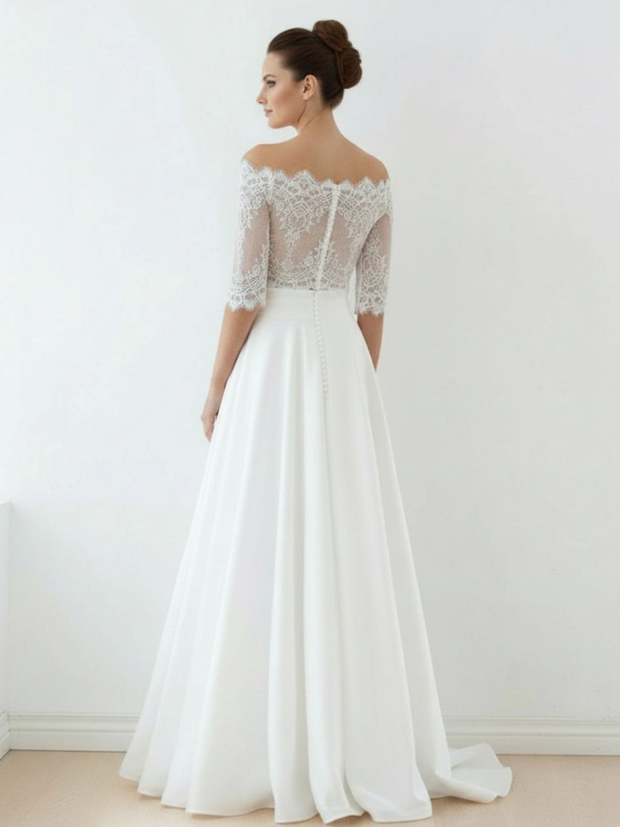 Off-The-Shoulder Lace A-Line Satin Two-Piece Wedding Dress With Sweep Train - Curvevia