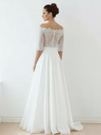Off-The-Shoulder Lace A-Line Satin Two-Piece Wedding Dress With Sweep Train - Curvevia