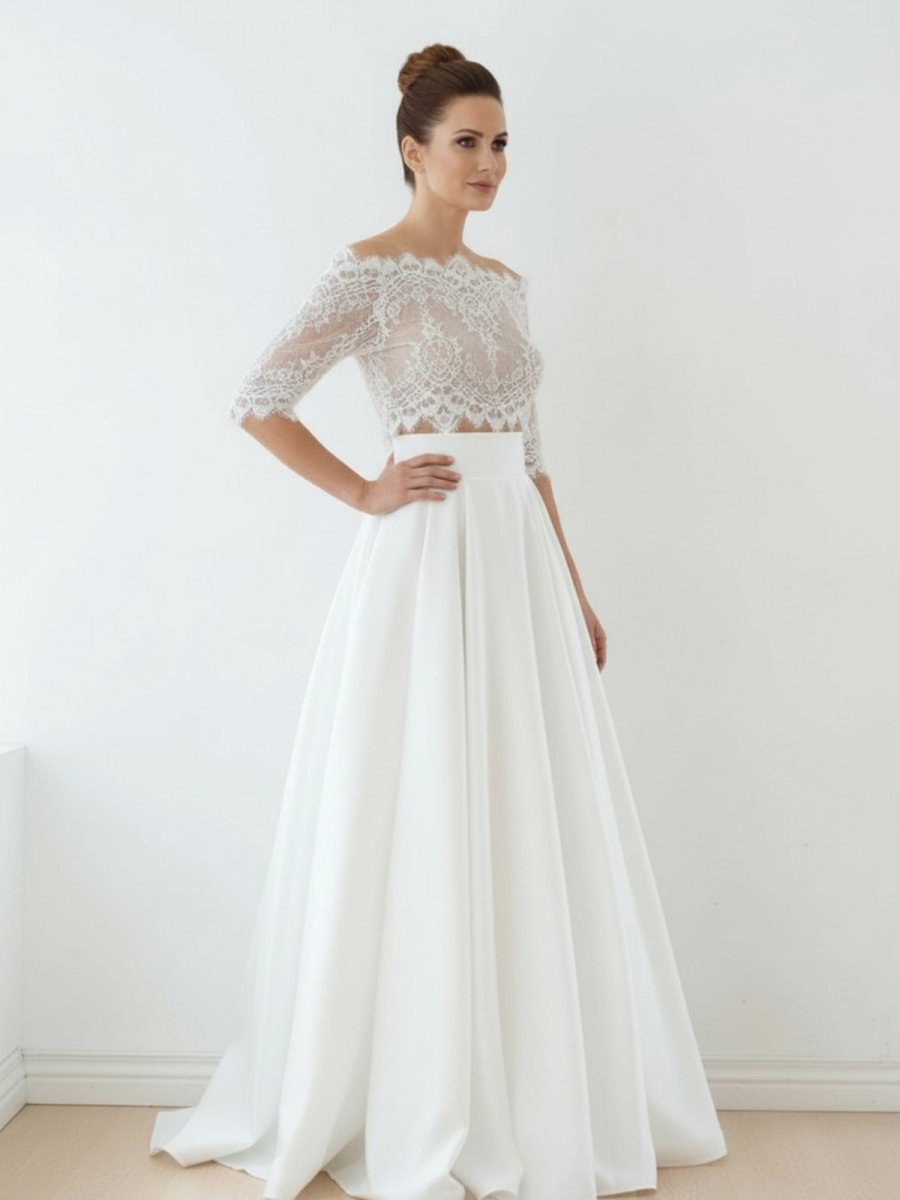 Off-The-Shoulder Lace A-Line Satin Two-Piece Wedding Dress With Sweep Train - Curvevia
