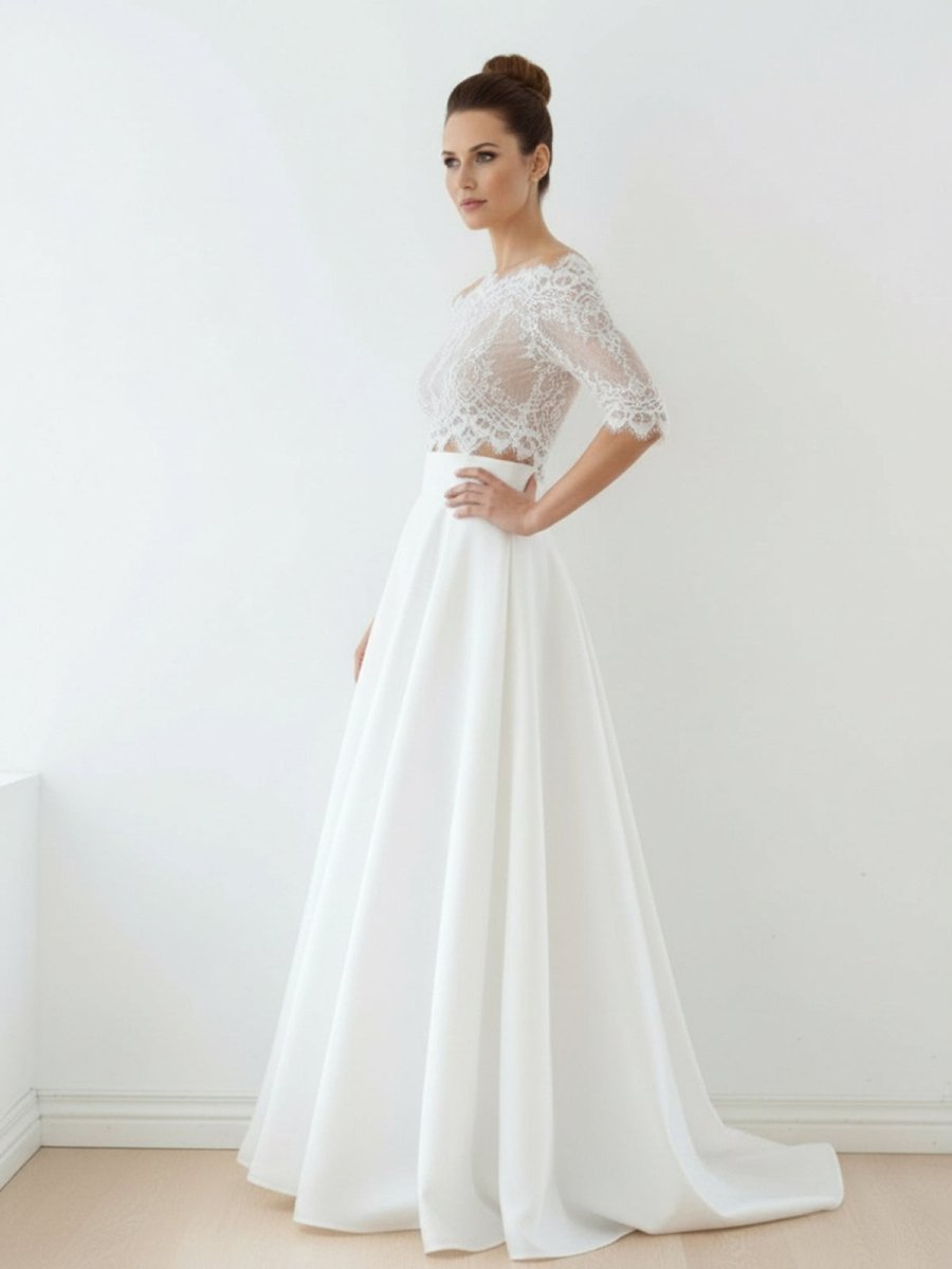 Off-The-Shoulder Lace A-Line Satin Two-Piece Wedding Dress With Sweep Train - Curvevia
