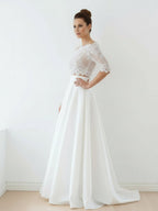 Off-The-Shoulder Lace A-Line Satin Two-Piece Wedding Dress With Sweep Train - Curvevia