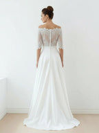Off-The-Shoulder Lace A-Line Satin Two-Piece Wedding Dress With Sweep Train - Curvevia
