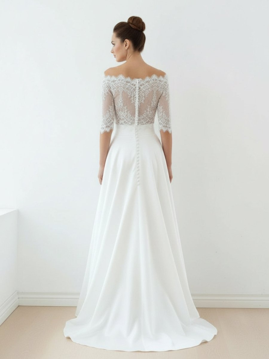 Off-The-Shoulder Lace A-Line Satin Two-Piece Wedding Dress With Sweep Train - Curvevia
