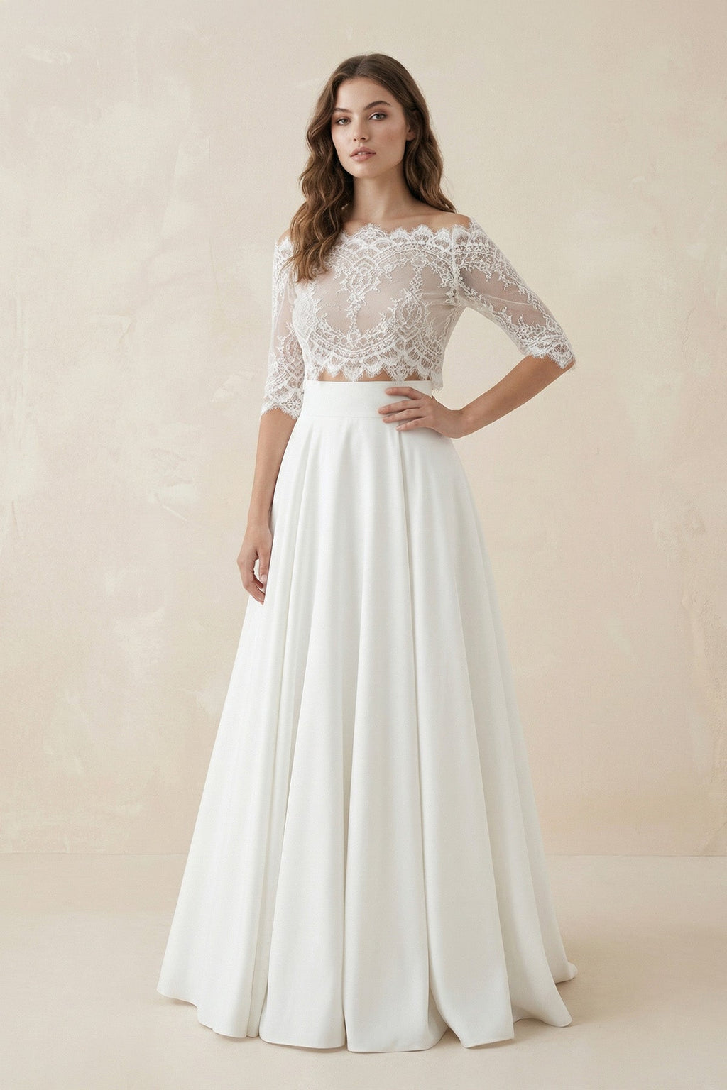Off-The-Shoulder Lace A-Line Satin Two-Piece Wedding Dress With Sweep Train - Curvevia