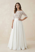 Off-The-Shoulder Lace A-Line Satin Two-Piece Wedding Dress With Sweep Train - Curvevia
