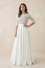 Off-The-Shoulder Lace A-Line Satin Two-Piece Wedding Dress With Sweep Train - Curvevia