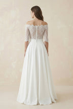 Off-The-Shoulder Lace A-Line Satin Two-Piece Wedding Dress With Sweep Train - Curvevia