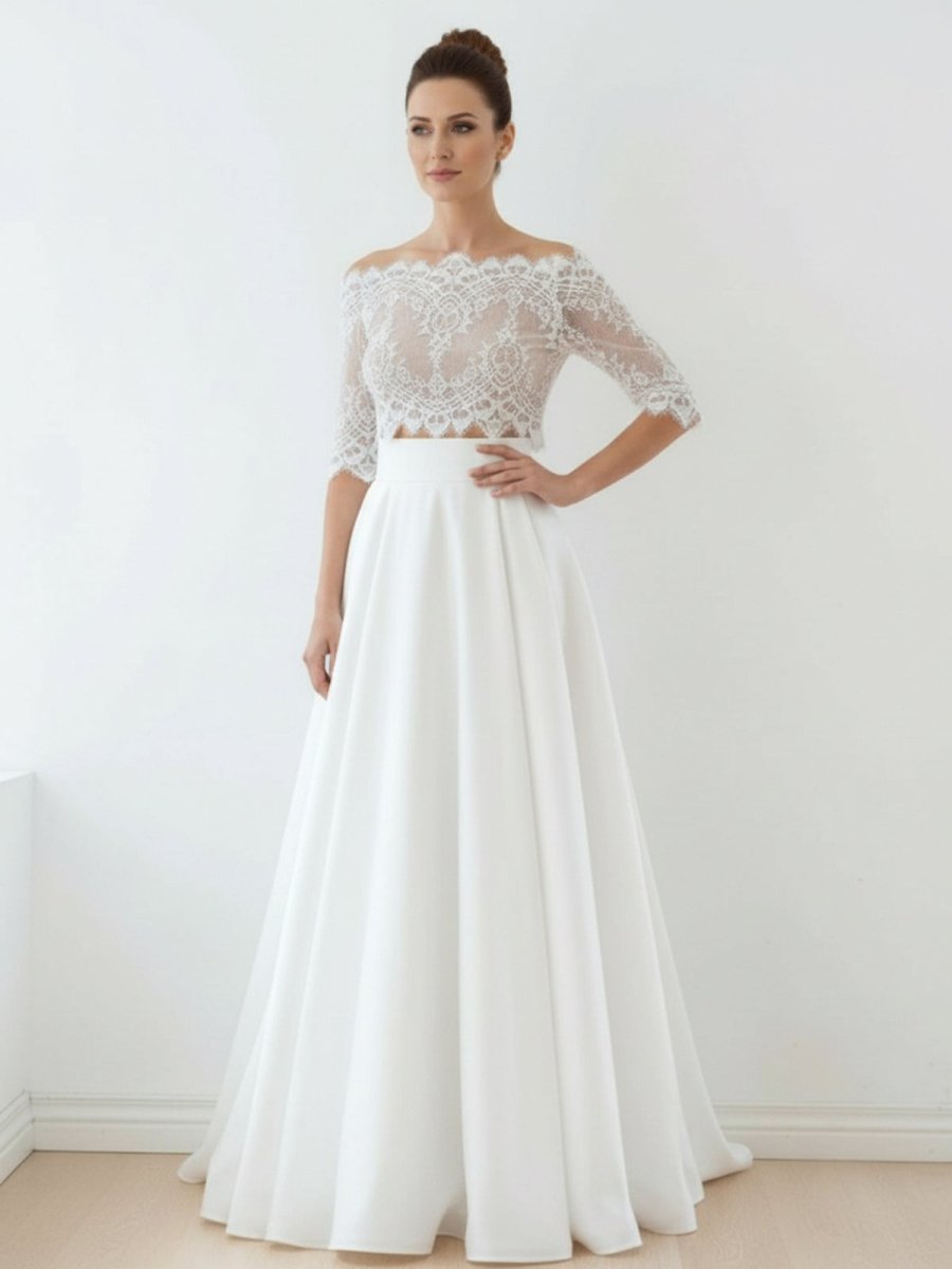 Off-The-Shoulder Lace A-Line Satin Two-Piece Wedding Dress With Sweep Train - Curvevia
