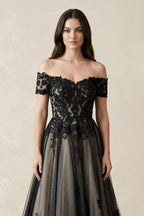 Off-the-Shoulder Lace A-Line Tulle Wedding Dress in Black - Curvevia