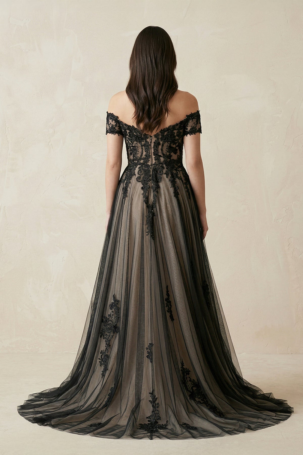 Off-the-Shoulder Lace A-Line Tulle Wedding Dress in Black - Curvevia