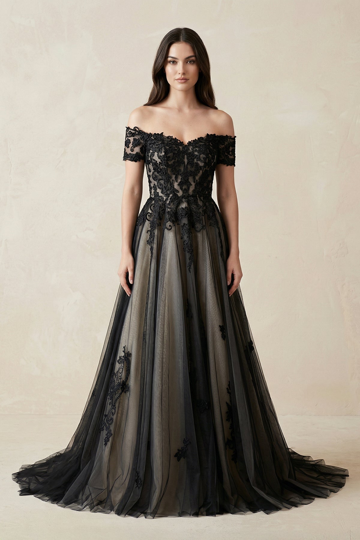 Off-the-Shoulder Lace A-Line Tulle Wedding Dress in Black - Curvevia