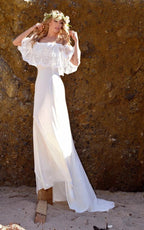 Off-The-Shoulder Lace Jersey Dress With Embroideries Ruffles - Curvevia