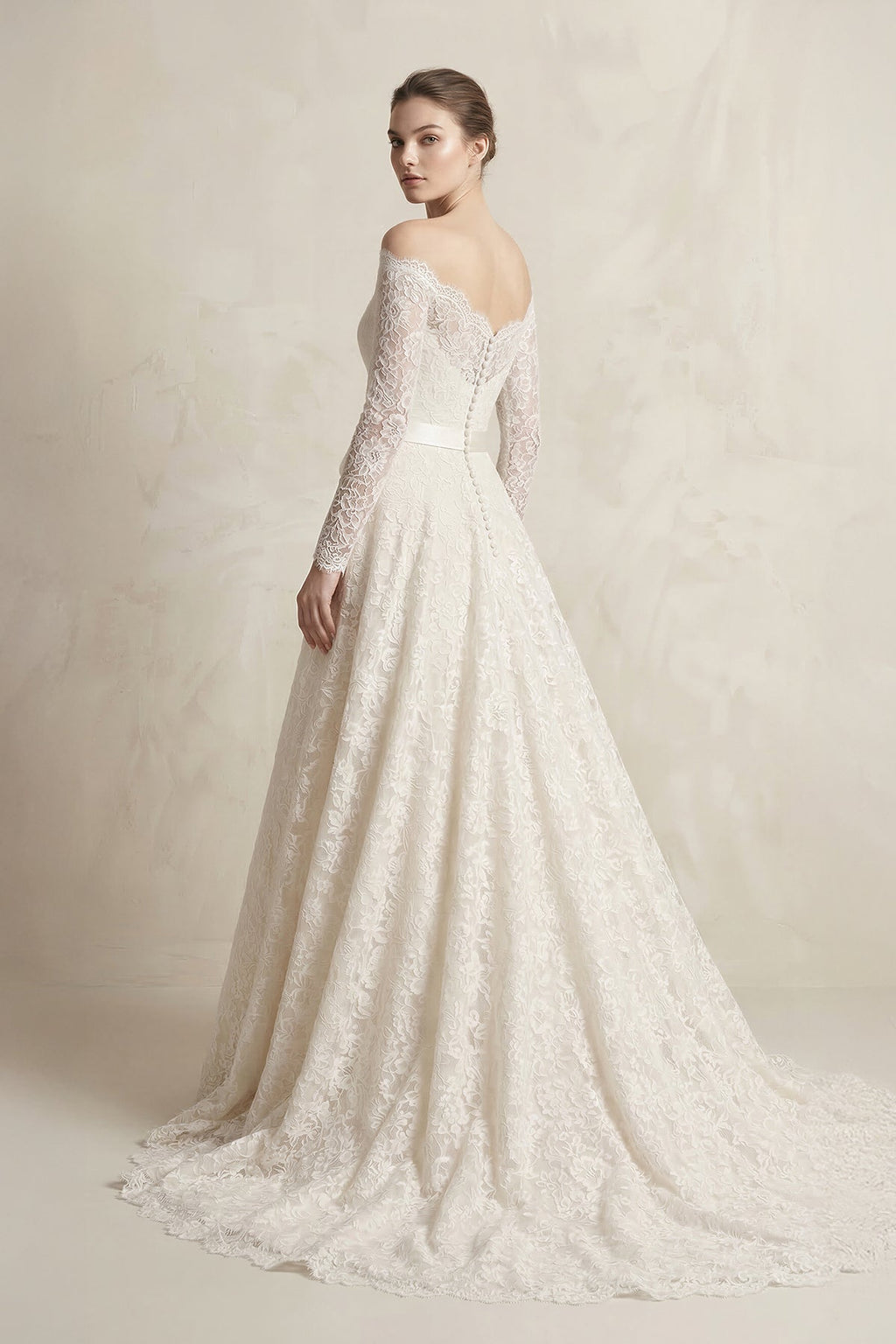 Off-the-Shoulder Lace Long Sleeve Bow Wedding Dress in Ivory - Curvevia