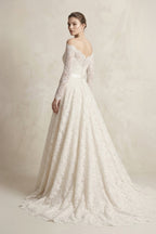 Off-the-Shoulder Lace Long Sleeve Bow Wedding Dress in Ivory - Curvevia
