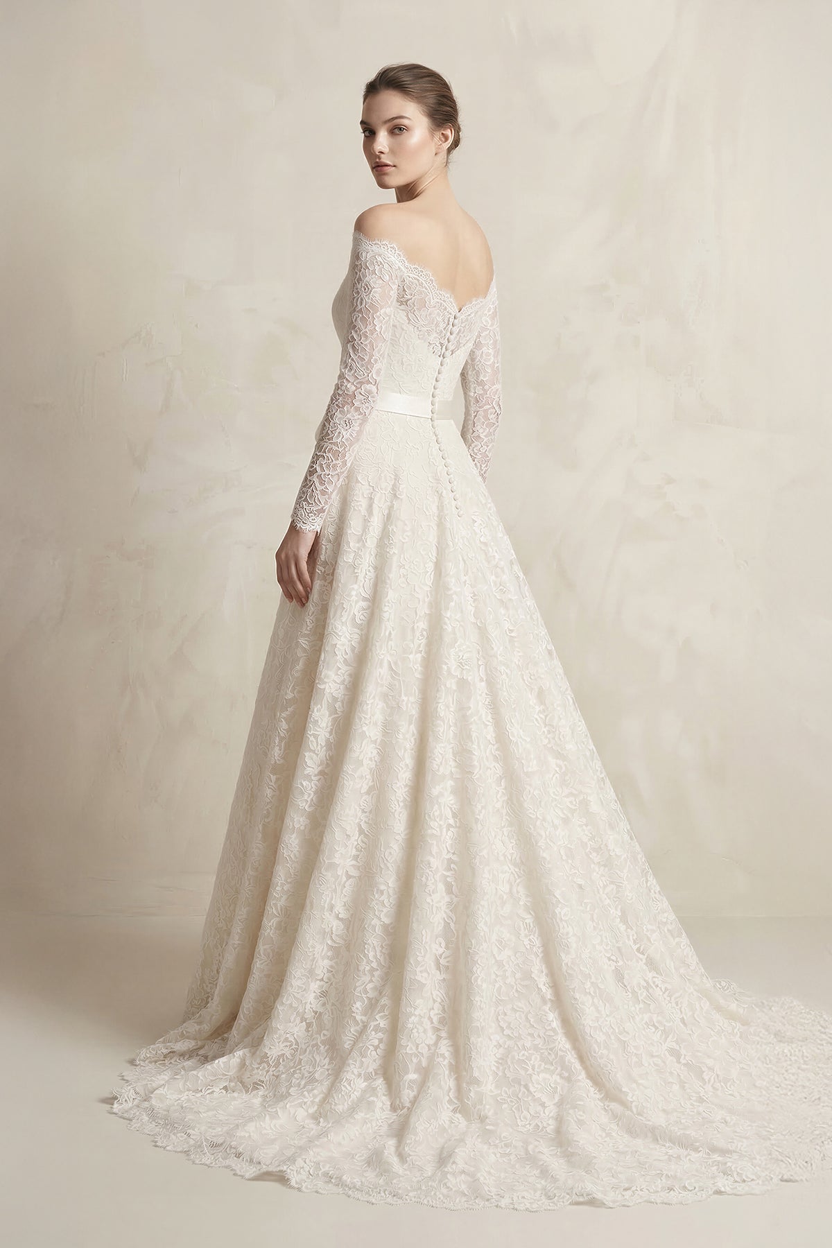 Off-the-Shoulder Lace Long Sleeve Bow Wedding Dress in Ivory - Curvevia