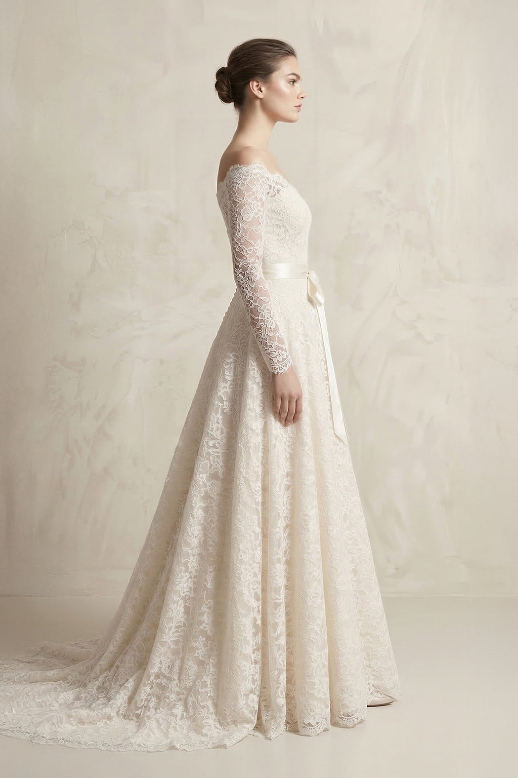 Off-the-Shoulder Lace Long Sleeve Bow Wedding Dress in Ivory - Curvevia
