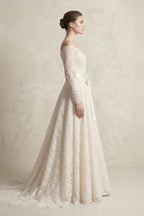 Off-the-Shoulder Lace Long Sleeve Bow Wedding Dress in Ivory - Curvevia