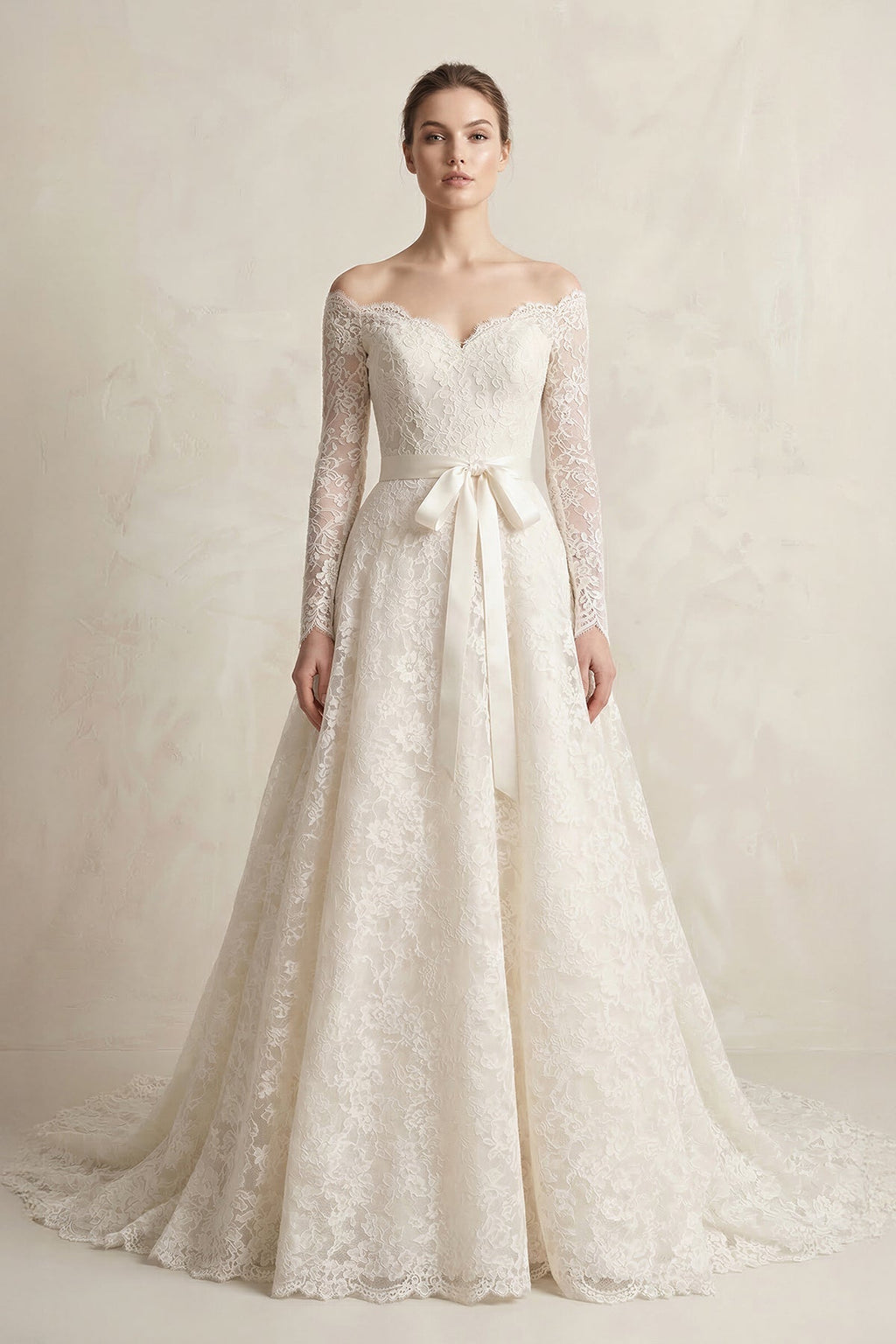 Off-the-Shoulder Lace Long Sleeve Bow Wedding Dress in Ivory - Curvevia