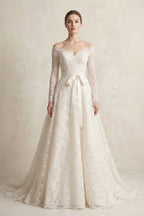 Off-the-Shoulder Lace Long Sleeve Bow Wedding Dress in Ivory - Curvevia
