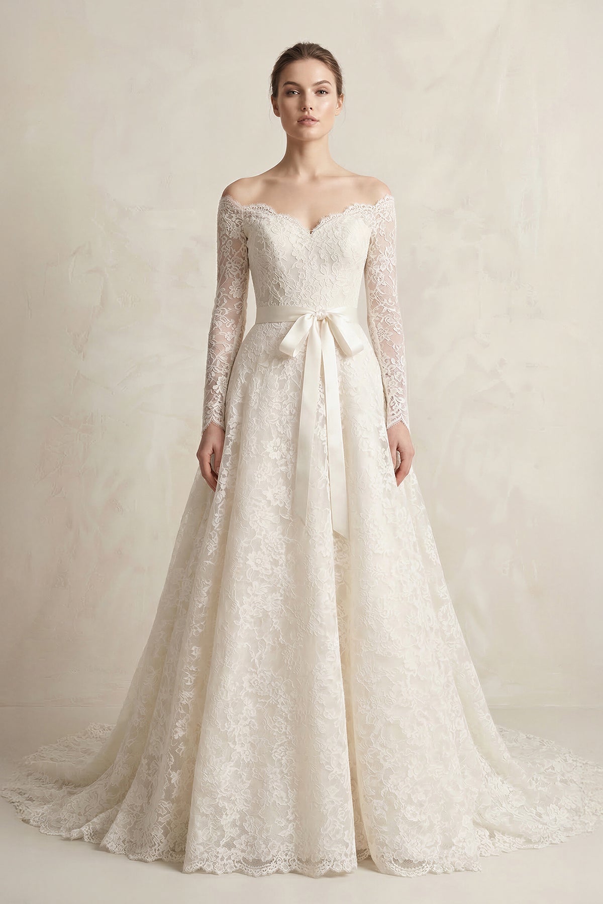 Off-the-Shoulder Lace Long Sleeve Bow Wedding Dress in Ivory - Curvevia