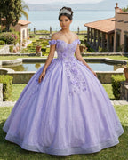 Off the Shoulder Lavender Glitter 3D Floral Quinceanera Dresses - Curvevia