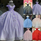 Off the Shoulder Lavender Glitter 3D Floral Quinceanera Dresses - Curvevia