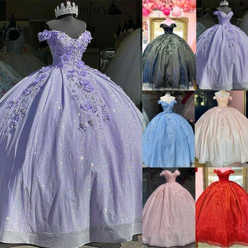 Off the Shoulder Lavender Glitter 3D Floral Quinceanera Dresses - Curvevia