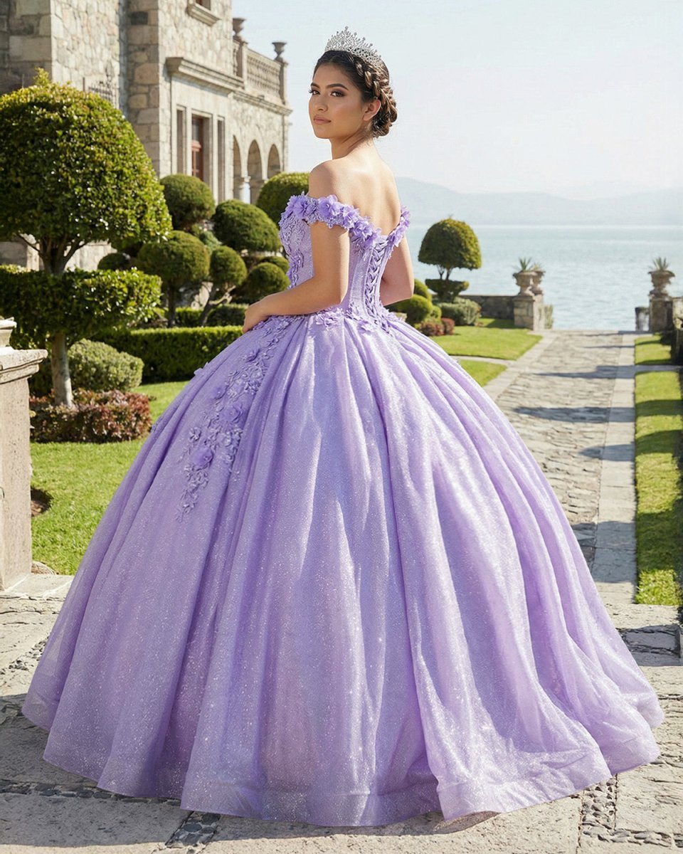 Off the Shoulder Lavender Glitter 3D Floral Quinceanera Dresses - Curvevia