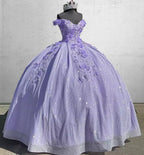Off the Shoulder Lavender Glitter 3D Floral Quinceanera Dresses - Curvevia
