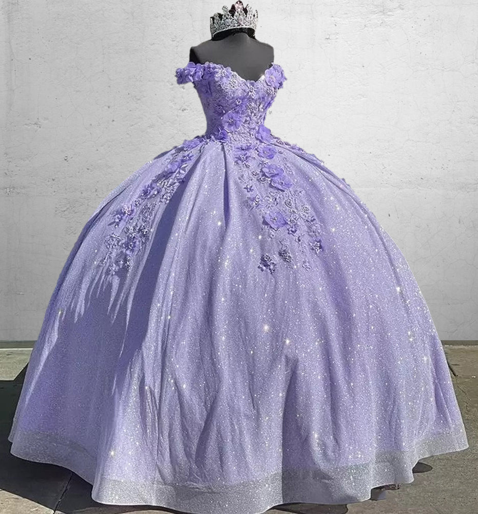 Off the Shoulder Lavender Glitter 3D Floral Quinceanera Dresses - Curvevia