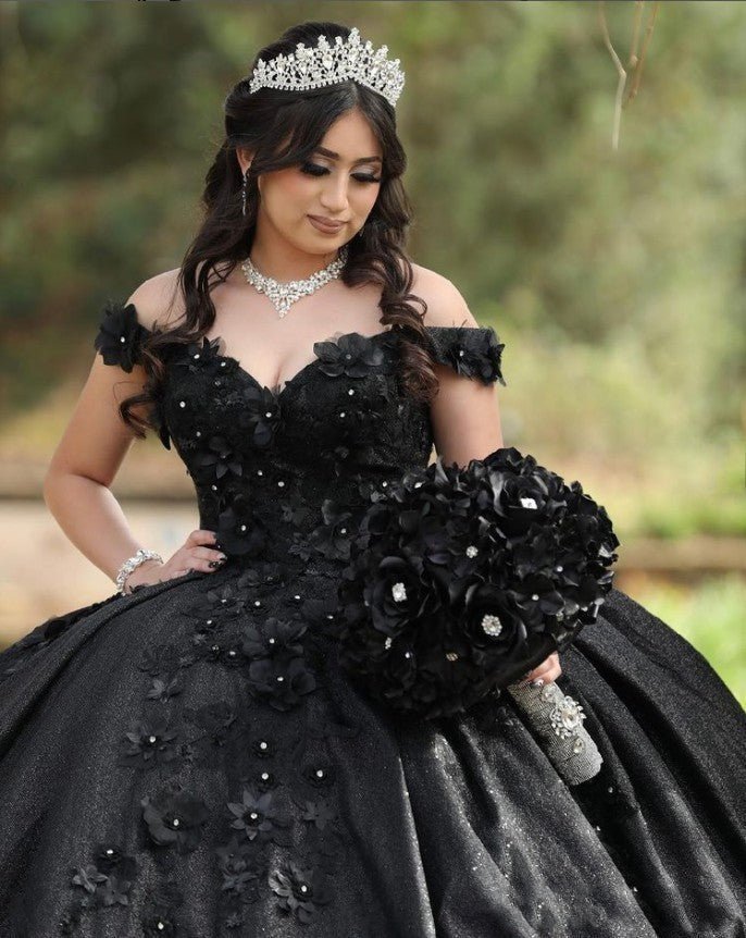 Off the Shoulder Lavender Glitter 3D Floral Quinceanera Dresses - Curvevia