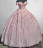 Off the Shoulder Lavender Glitter 3D Floral Quinceanera Dresses - Curvevia