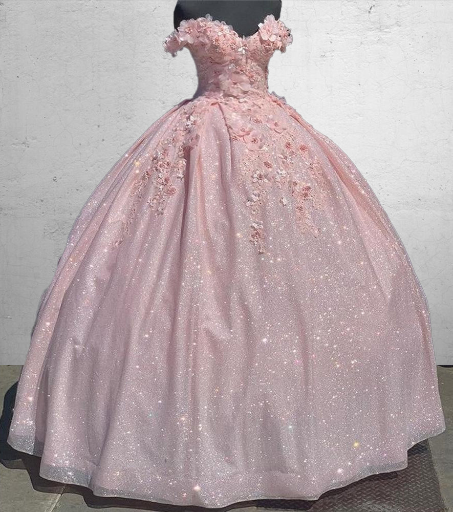 Off the Shoulder Lavender Glitter 3D Floral Quinceanera Dresses - Curvevia