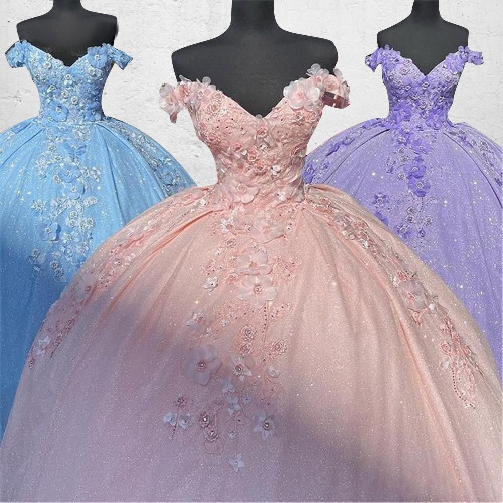 Off the Shoulder Lavender Glitter 3D Floral Quinceanera Dresses - Curvevia