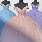 Off the Shoulder Lavender Glitter 3D Floral Quinceanera Dresses - Curvevia