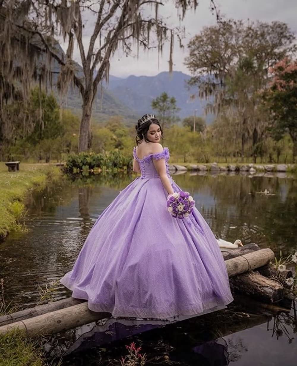 Off the Shoulder Lavender Glitter 3D Floral Quinceanera Dresses - Curvevia