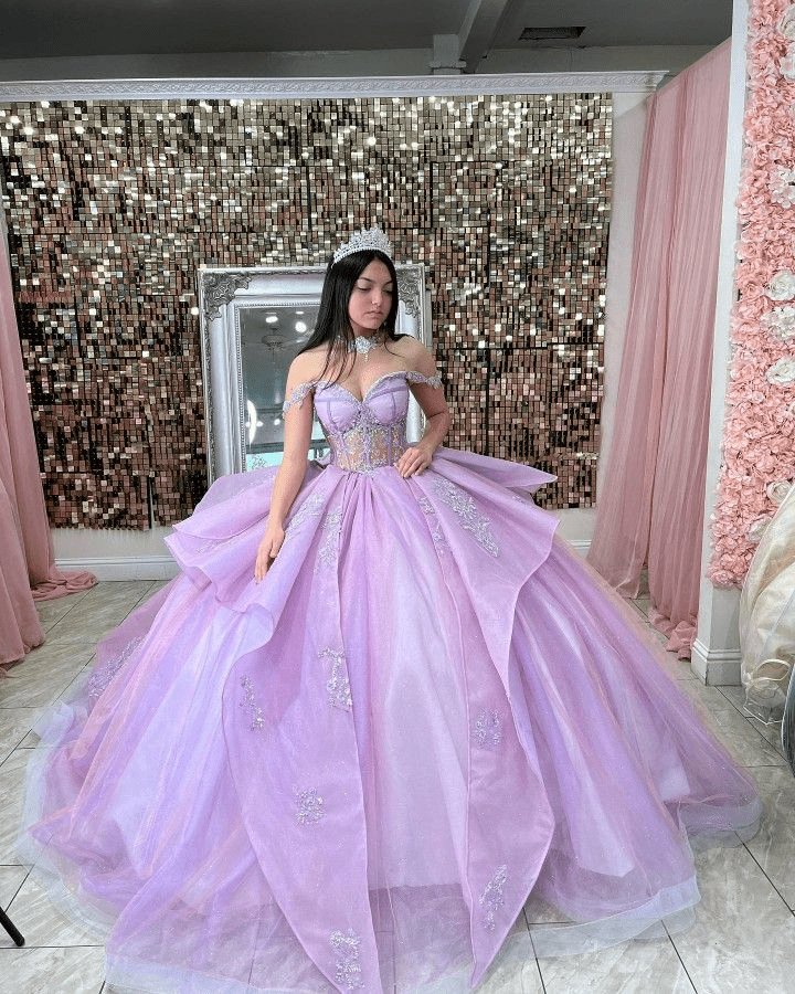 Off The Shoulder Lavender Tulle Ball Gown Quinceanera Dresses - Curvevia