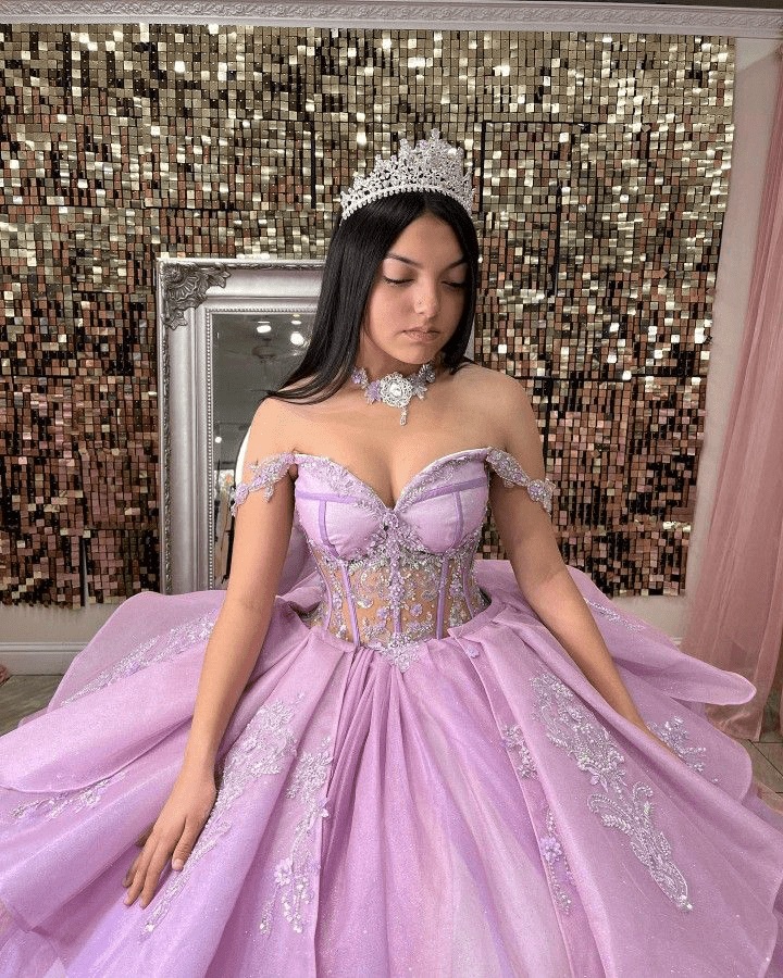 Off The Shoulder Lavender Tulle Ball Gown Quinceanera Dresses - Curvevia