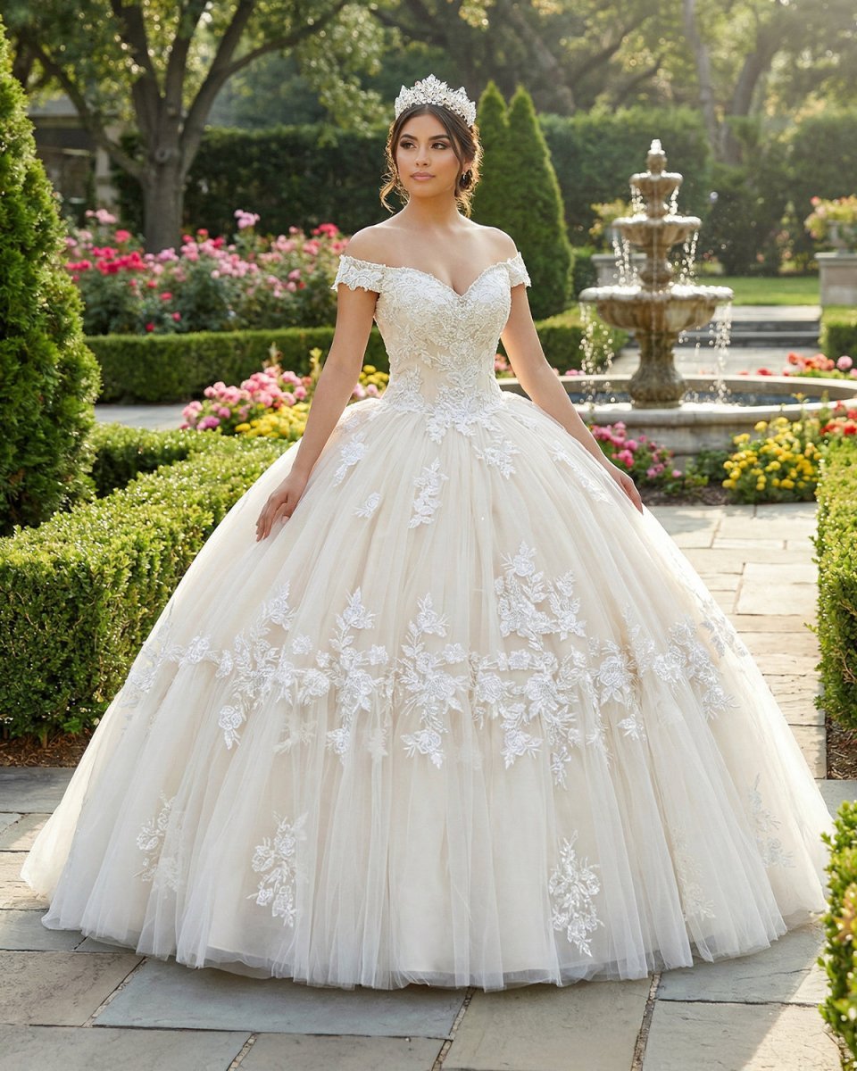 Off The Shoulder Long Champagne Lace Appliques Quinceanera Dress - Curvevia