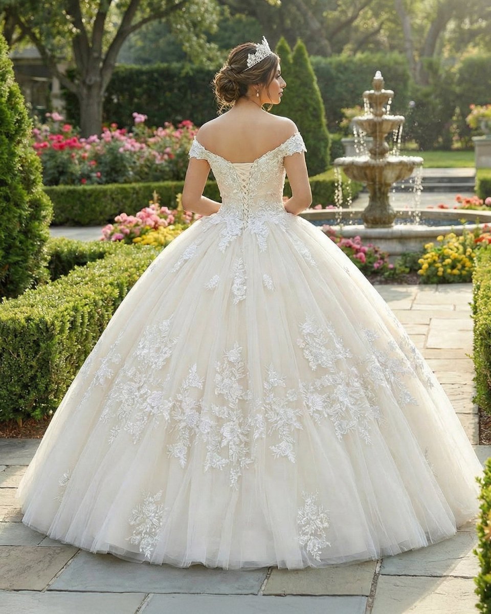 Off The Shoulder Long Champagne Lace Appliques Quinceanera Dress - Curvevia