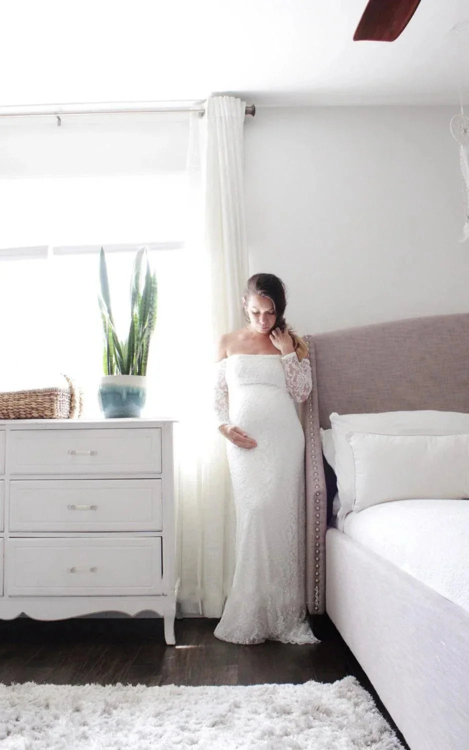 Strapless Long Sleeve A-Line Maternity Lace Wedding Dress with Train - Curvevia