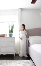 Strapless Long Sleeve A-Line Maternity Lace Wedding Dress with Train - Curvevia
